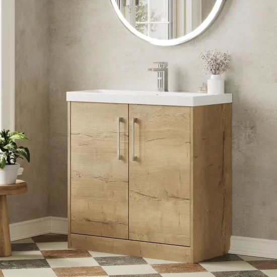 Hudson Reed Juno Autumn Oak 2 Door Floor Standing Vanity Unit With Thin Edge Basin