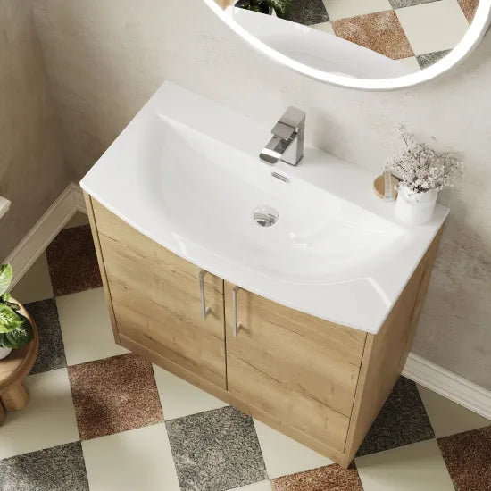 Hudson Reed Juno Autumn Oak 2 Door Floor Standing Vanity Unit With U-Shaped Curved Basin