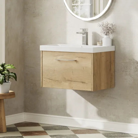 Hudson Reed Juno Autumn Oak 1 Drawer Wall Hung Vanity Unit With Thin Edge Basin