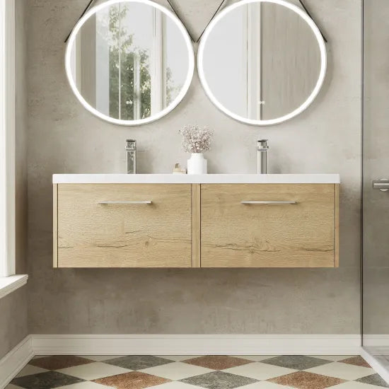Hudson Reed Juno 1200mm Autumn Oak 2 Drawer Wall Hung Vanity Unit With 2 Tap Hole Ceramic Basin