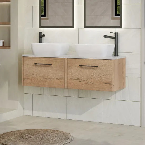 Hudson Reed Juno 1200mm Autumn Oak 2 Drawer Wall Hung Vanity Unit With Bellato Grey Worktop