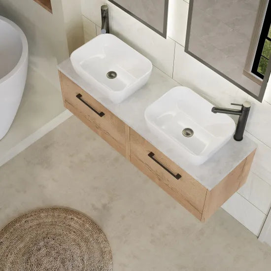 Hudson Reed Juno 1200mm Autumn Oak 2 Drawer Wall Hung Vanity Unit With Bellato Grey Worktop