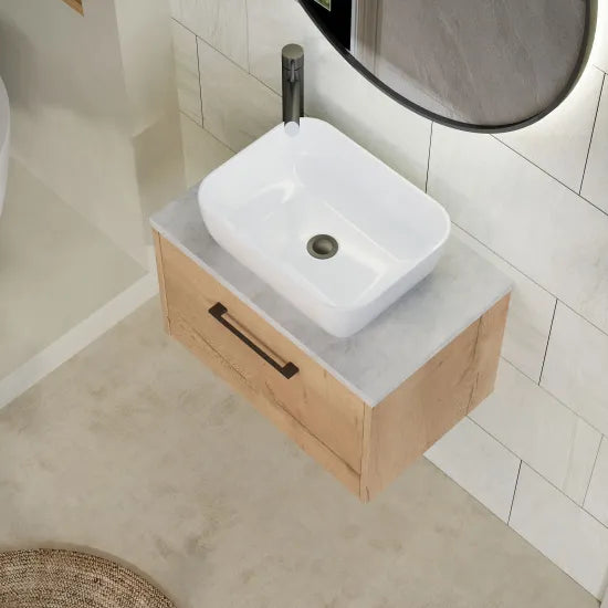 Hudson Reed Juno Autumn Oak 1 Drawer Wall Hung Vanity Unit With Bellato Grey Worktop