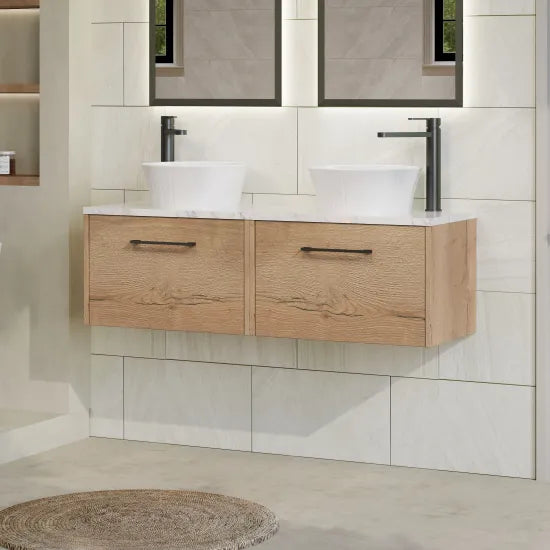 Hudson Reed Juno 1200mm Autumn Oak 2 Drawer Wall Hung Vanity With Carrara Laminate Worktop