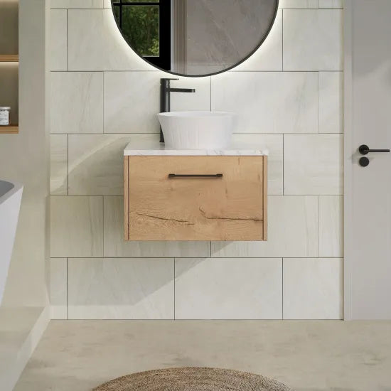 Hudson Reed Juno Autumn Oak 1 Drawer Wall Hung Vanity Unit With Carrara Laminate Worktop