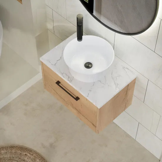 Hudson Reed Juno Autumn Oak 1 Drawer Wall Hung Vanity Unit With Carrara Laminate Worktop
