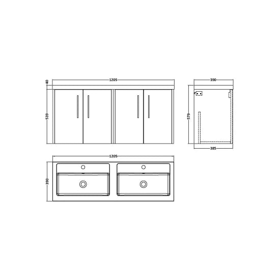 Hudson Reed Juno 1200mm Autumn Oak 4 Door Wall Hung Vanity Unit With 2 Tap Hole Polymarble basin