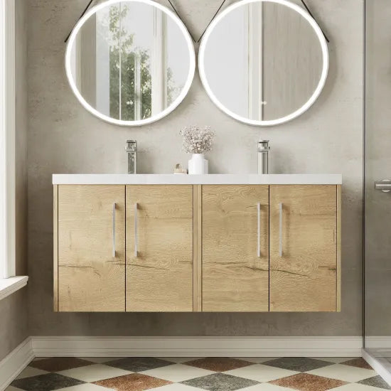 Hudson Reed Juno 1200mm Autumn Oak 4 Door Wall Hung Vanity Unit With 2 Tap Hole Polymarble basin