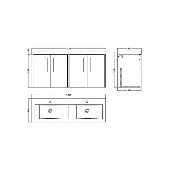 Hudson Reed Juno 1200mm Autumn Oak 4 Door Wall Hung Vanity Unit With 2 Tap Hole Ceramic Basin