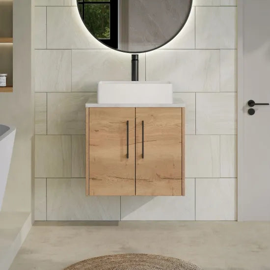 Hudson Reed Juno 600mm Autumn Oak 2 Door Wall Hung Vanity Unit With Bellato Grey Worktop