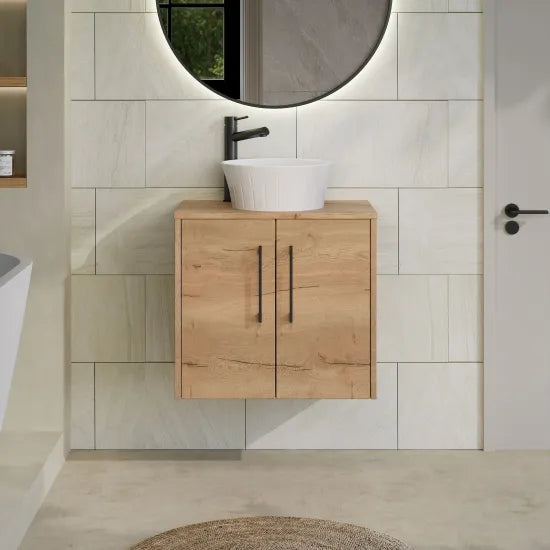 Hudson Reed Juno 600mm Autumn Oak 2 Door Wall Hung Vanity Unit With Co-ordinating Worktop