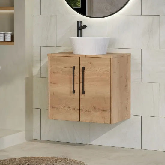 Hudson Reed Juno 600mm Autumn Oak 2 Door Wall Hung Vanity Unit With Co-ordinating Worktop