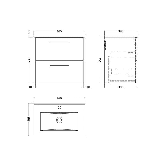 Hudson Reed Juno 600mm Autumn Oak 2 Drawer Wall Hung Vanity Unit With Minimalist Basin