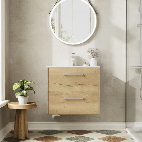 Hudson Reed Juno 600mm Autumn Oak 2 Drawer Wall Hung Vanity Unit With Minimalist Basin
