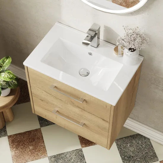 Hudson Reed Juno 600mm Autumn Oak 2 Drawer Wall Hung Vanity Unit With Minimalist Basin