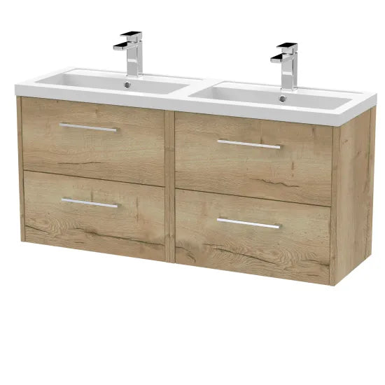 Hudson Reed Juno 1200mm Autumn Oak 4 Drawer Wall Hung Vanity Unit With 2 Tap Hole Polymarble basin