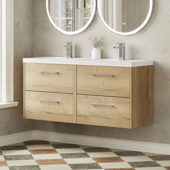 Hudson Reed Juno 1200mm Autumn Oak 4 Drawer Wall Hung Vanity Unit With 2 Tap Hole Polymarble basin