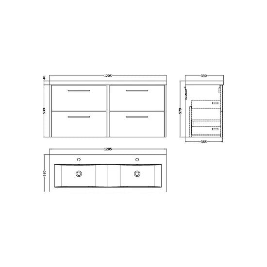 Hudson Reed Juno 1200mm Autumn Oak 4 Drawer Wall Hung Vanity Unit With 2 Tap Hole Ceramic Basin