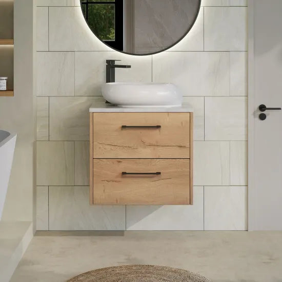 Hudson Reed Juno Autumn Oak 2 Drawer Wall Hung Vanity Unit With Bellato Grey Worktop