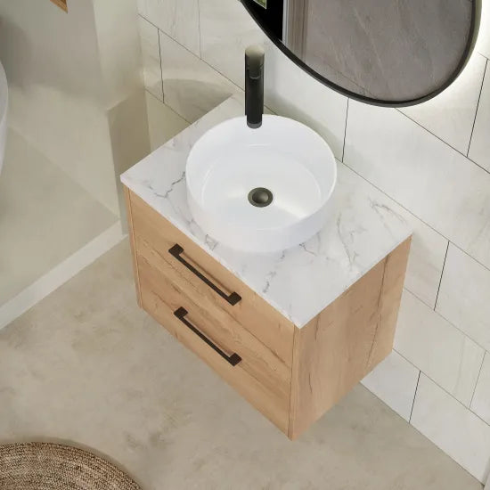 Hudson Reed Juno Autumn Oak 2 Drawer Wall Hung Vanity Unit With Carrara Laminate Worktop