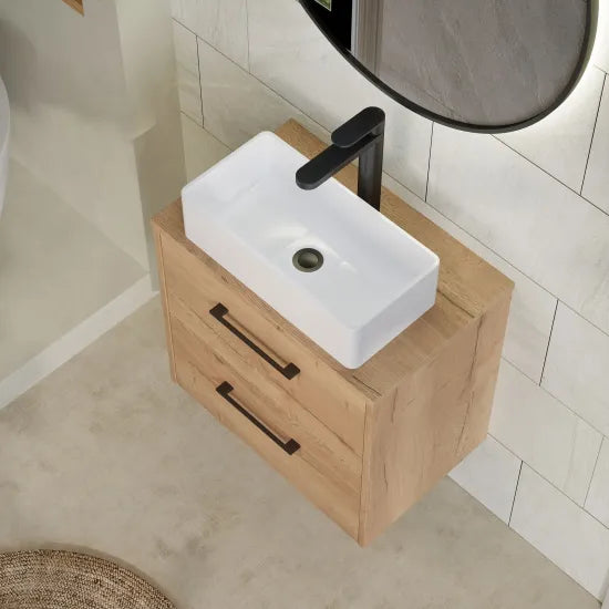 Hudson Reed Juno 600mm Autumn Oak 2 Drawer Wall Hung Vanity Unit With Co-ordinating Worktop