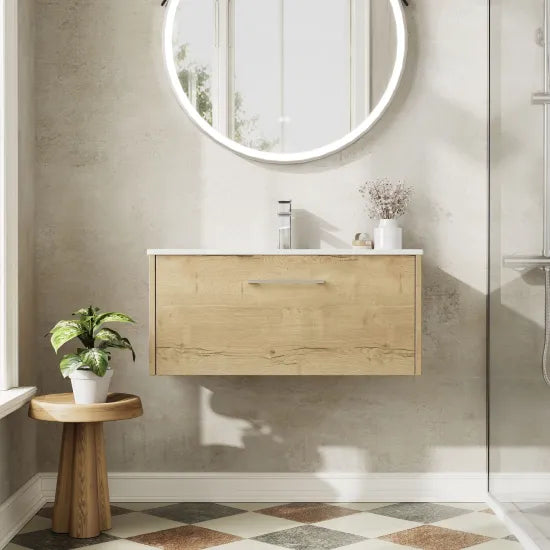 Hudson Reed Juno 800mm Autumn Oak 1 Drawer Wall Hung Vanity Unit With Minimalist Basin