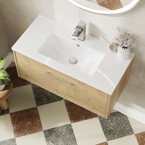 Hudson Reed Juno 800mm Autumn Oak 1 Drawer Wall Hung Vanity Unit With Minimalist Basin