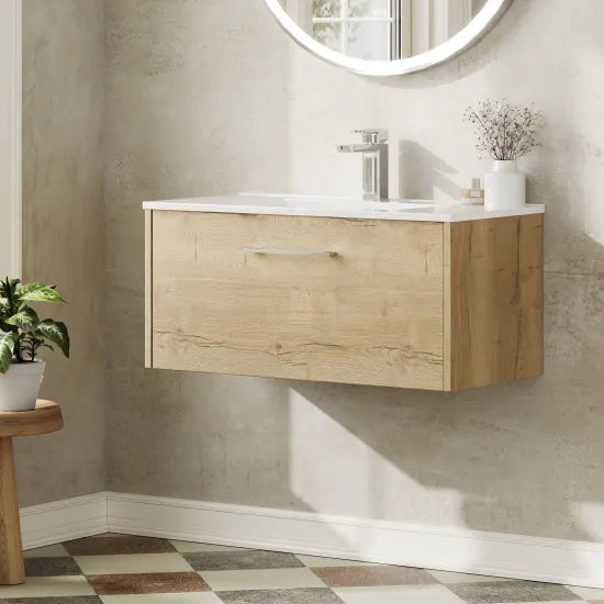 Hudson Reed Juno 800mm Autumn Oak 1 Drawer Wall Hung Vanity Unit With Minimalist Basin