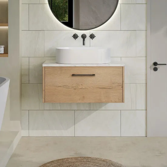 Hudson Reed Juno Autumn Oak 1 Drawer Wall Hung Vanity Unit With Carrara Laminate Worktop