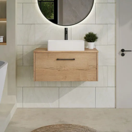 Hudson Reed Juno 600mm Autumn Oak 1 Drawer Wall Hung Vanity Unit With Co-ordinating Worktop