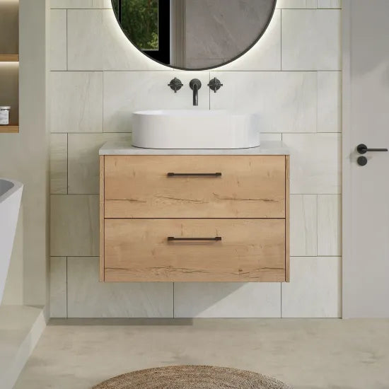 Hudson Reed Juno Autumn Oak 2 Drawer Wall Hung Vanity Unit With Bellato Grey Worktop