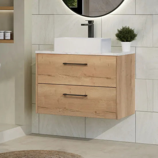 Hudson Reed Juno Autumn Oak 2 Drawer Wall Hung Vanity Unit With Carrara Laminate Worktop