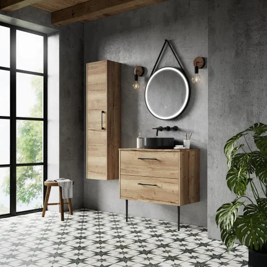 Hudson Reed Juno Autumn Oak 2 Drawer Wall Hung Vanity Unit With Co-ordinating Worktop