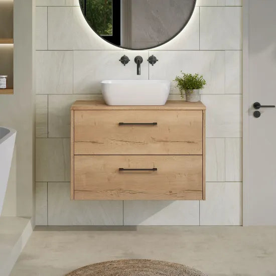 Hudson Reed Juno Autumn Oak 2 Drawer Wall Hung Vanity Unit With Co-ordinating Worktop