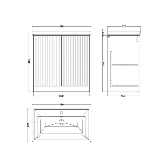 nuie lux Flume 800mm Autumn Oak 2 Door Floor Standing Vanity Unit With 1 Tap Hole Fireclay Basin With Ceramic Basin