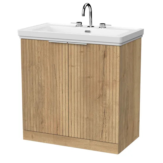 nuie lux Flume 800mm Autumn Oak 2 Door Floor Standing Vanity Unit With 3 Tap Holes Fireclay Basin