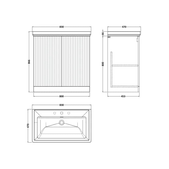 nuie lux Flume 800mm Autumn Oak 2 Door Floor Standing Vanity Unit With 3 Tap Holes Fireclay Basin