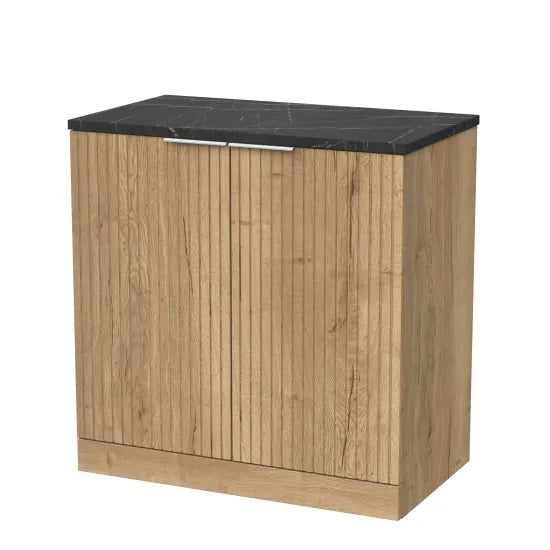 nuie lux Flume 800mm Autumn Oak 2 Door Floor Standing Vanity Unit With Black Pietra Marble Laminate Worktop