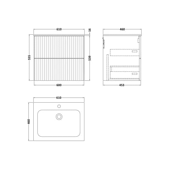 nuie lux Flume Autumn Oak 600mm Wall Hung 2-Drawer Unit & Stone Basin 1TH