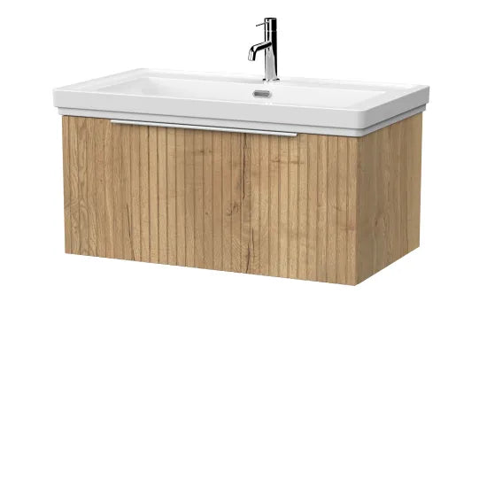 nuie lux Flume 800mm Autumn Oak 1 Drawer Wall Hung Vanity Unit With 1 Tap Hole Fireclay Basin With Ceramic Basin
