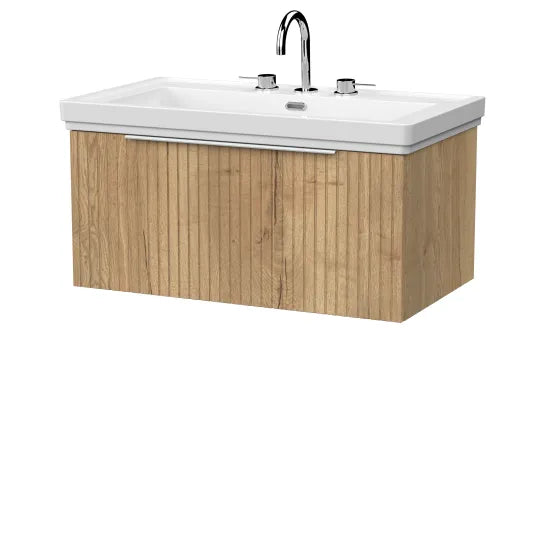 nuie lux Flume 800mm Autumn Oak 1 Drawer Wall Hung Vanity Unit With 3 Tap Holes Fireclay Basin
