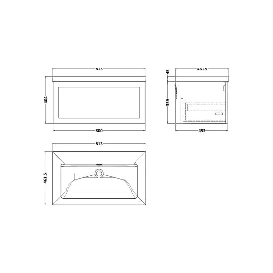 nuie lux Flume 800mm Autumn Oak 1 Drawer Wall Hung Vanity Unit With Fireclay Square Basin