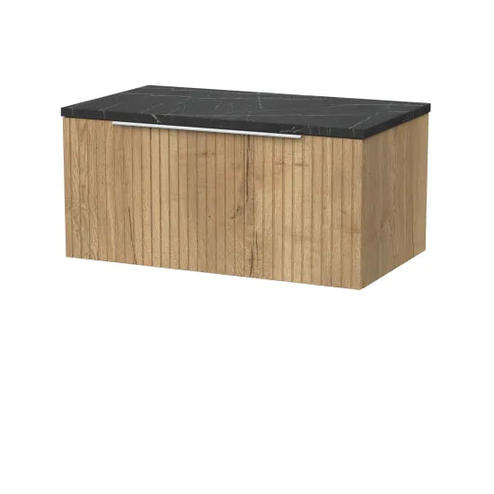 nuie lux Flume 800mm Autumn Oak 1 Drawer Wall Hung Vanity Unit With Black Pietra Marble Laminate Worktop