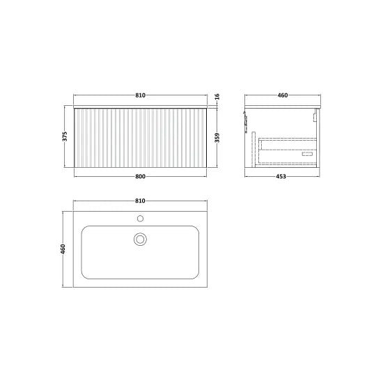 nuie lux Flume Autumn Oak 800mm Wall Hung 1-Drawer Unit & Stone Basin 1TH