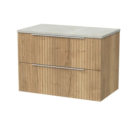 nuie lux Flume 800mm Autumn Oak 2 Drawer Wall Hung Vanity Unit With Cracked Marble Plaster Laminate Worktop
