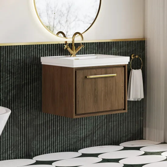 Hudson Reed Lille Antique Oak 1 Drawer Wall Hung Vanity Unit With 1 Tap Hole Fireclay Basin