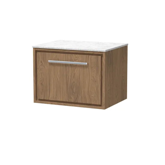 Hudson Reed Lille 600mm Antique Oak 1 Drawer Wall Hung Vanity Unit With White Marble Worktop