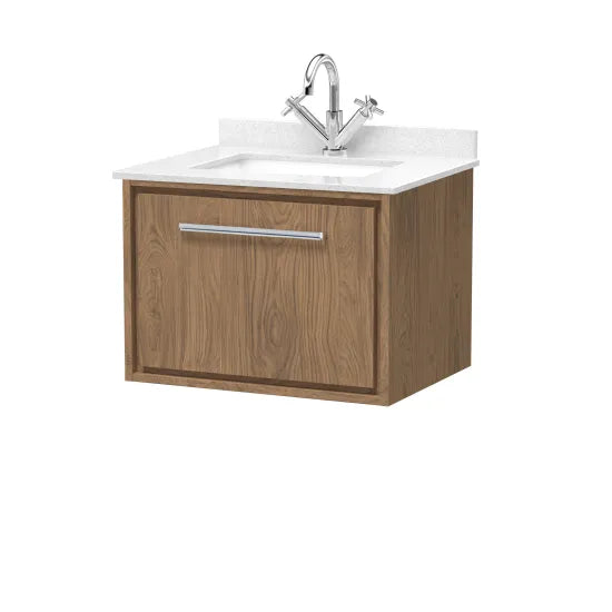 Hudson Reed Lille 600mm Antique Oak 1 Drawer Wall Hung Vanity Unit With Square Basin With Marble Worktop