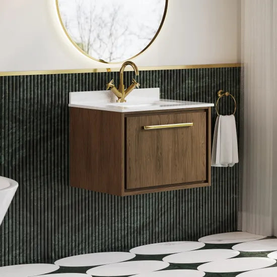 Hudson Reed Lille 600mm Antique Oak 1 Drawer Wall Hung Vanity Unit With Square Basin With Marble Worktop