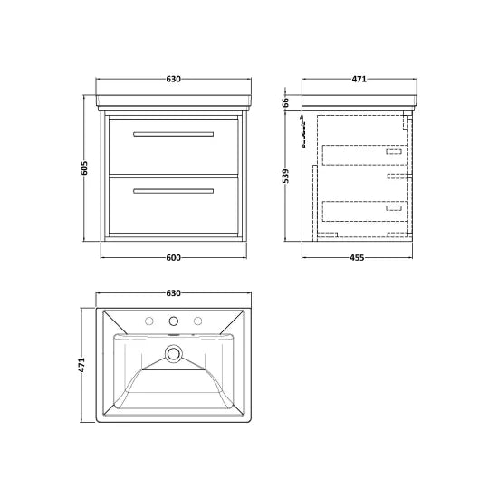 Hudson Reed Lille 600mm Antique Oak 2 Drawer Wall Hung Vanity Unit With 3 Tap Holes Fireclay Basin